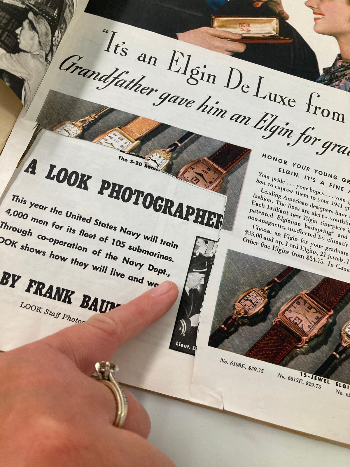Detailed look at an advertisement from the vintage Look Magazine June 3 1941, showcasing Elgin watches and the involvement of the U.S. Navy.