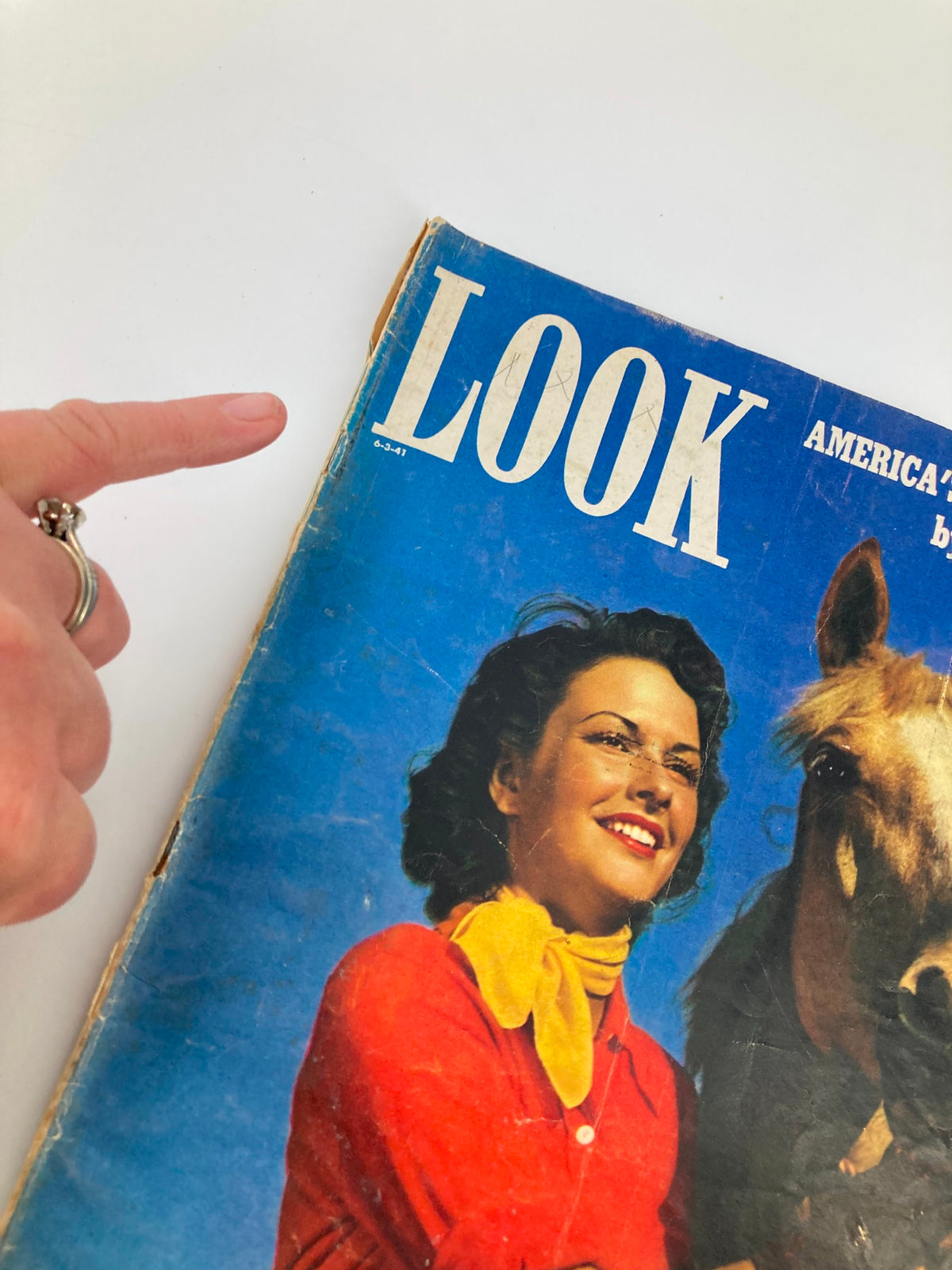 Close-up view of the VTG Look Magazine June 3 1941 cover, highlighting the title 'America's Ally Against Japan' by Edgar Snow with the woman and horse.