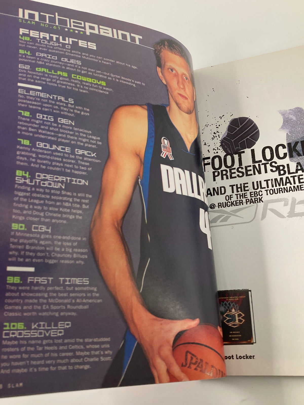 Inside spread of Slam Magazine June 2002 highlighting features related to Dirk Nowitzki, including articles on basketball tournaments and player profiles.