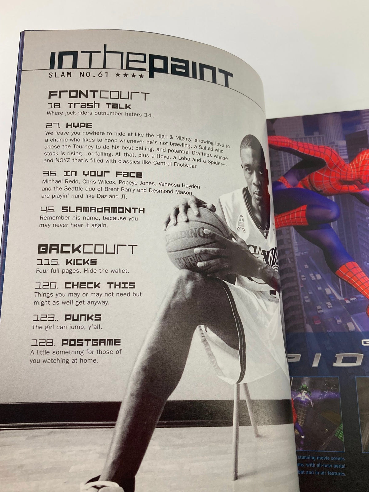 Inside page of Slam Magazine June 2002 featuring a basketball player seated and discussing topics on the court. This page showcases the magazine's vintage basketball culture.