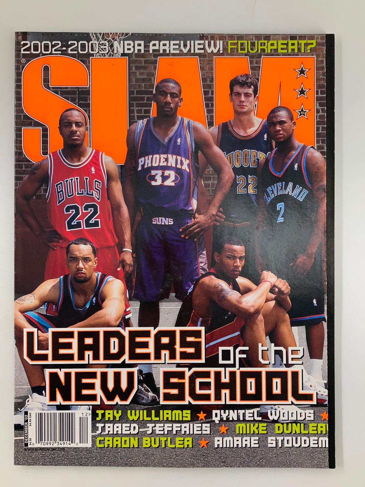 Slam Magazine December 2002 cover featuring basketball players Jay Williams, Donyell Marshall, Jared Jeffries, Caron Butler, and Amar'e Stoudemire, titled 'Leaders of the New School'.