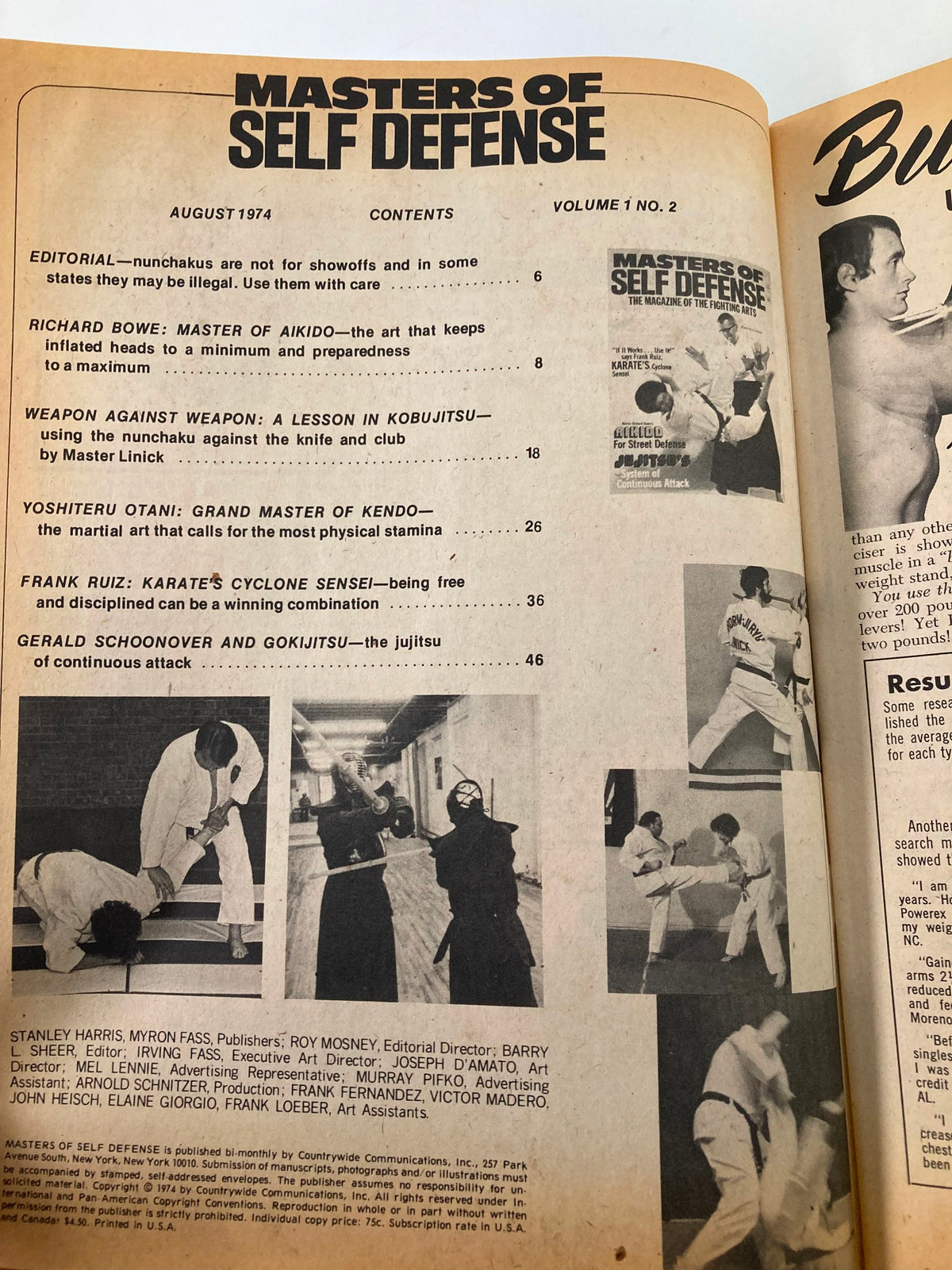 Masters of Self Defense Magazine August 1974 table of contents featuring articles on martial arts techniques, including Master Richard Bowe on Aikido, weapon defense strategies, and kendo insights.