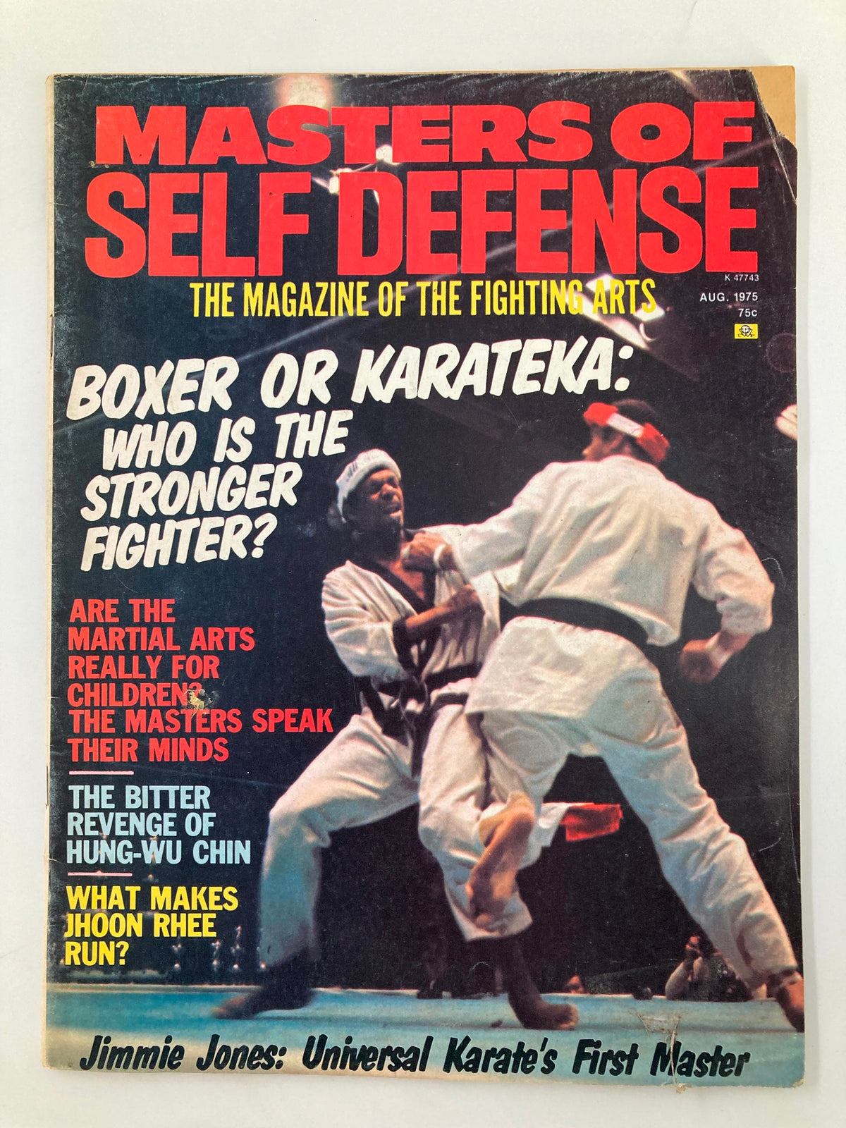 VTG Master of Self Defense Magazine August 1975 cover featuring Jimmie Jones with bold title and martial arts imagery.