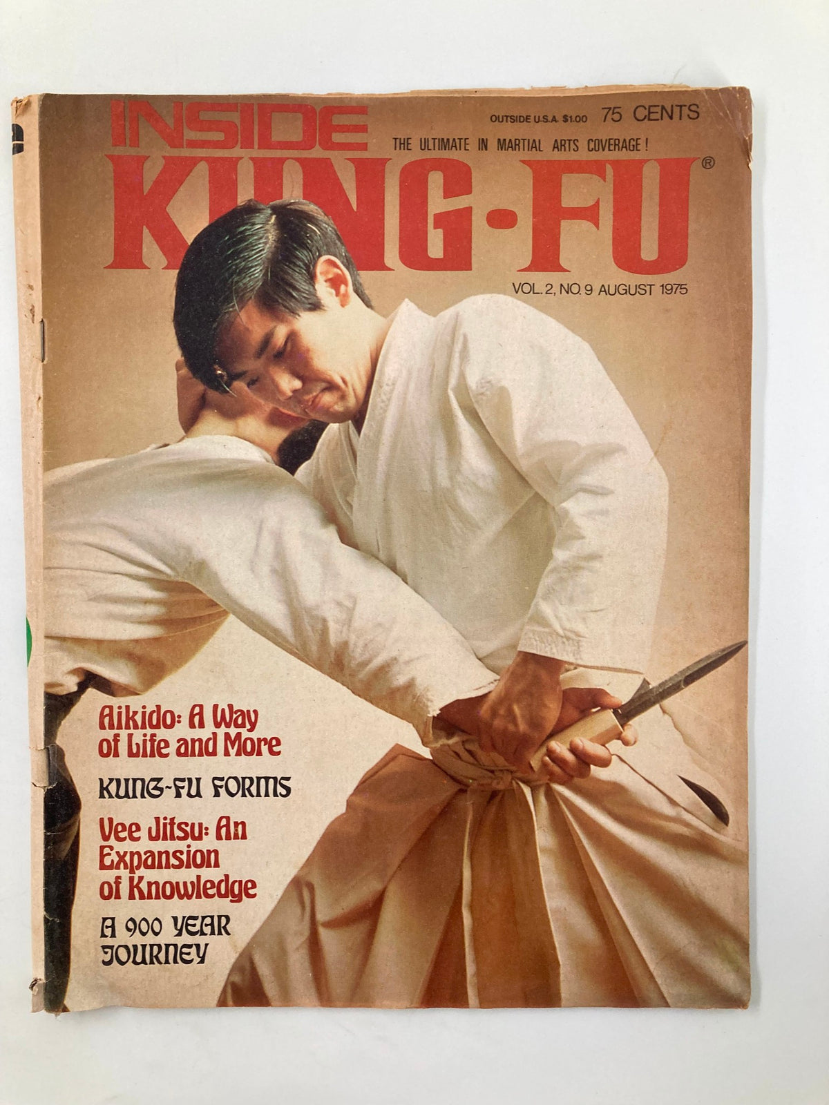 Cover of Inside Kung-Fu Magazine August 1975 featuring the title 'Aikido: A Way of Life and More' alongside martial arts imagery and techniques.