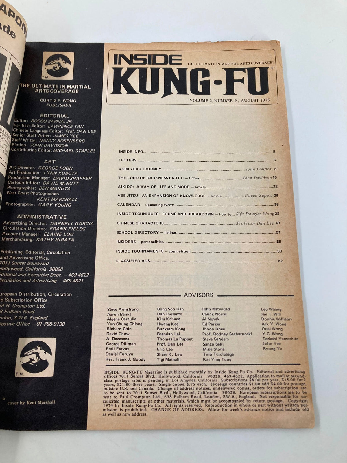 Table of contents for Inside Kung-Fu Magazine August 1975, featuring featured articles like 'Aikido: A Way of Life and More' and 'Vee Jitsu: An Expansion of Knowledge'.
