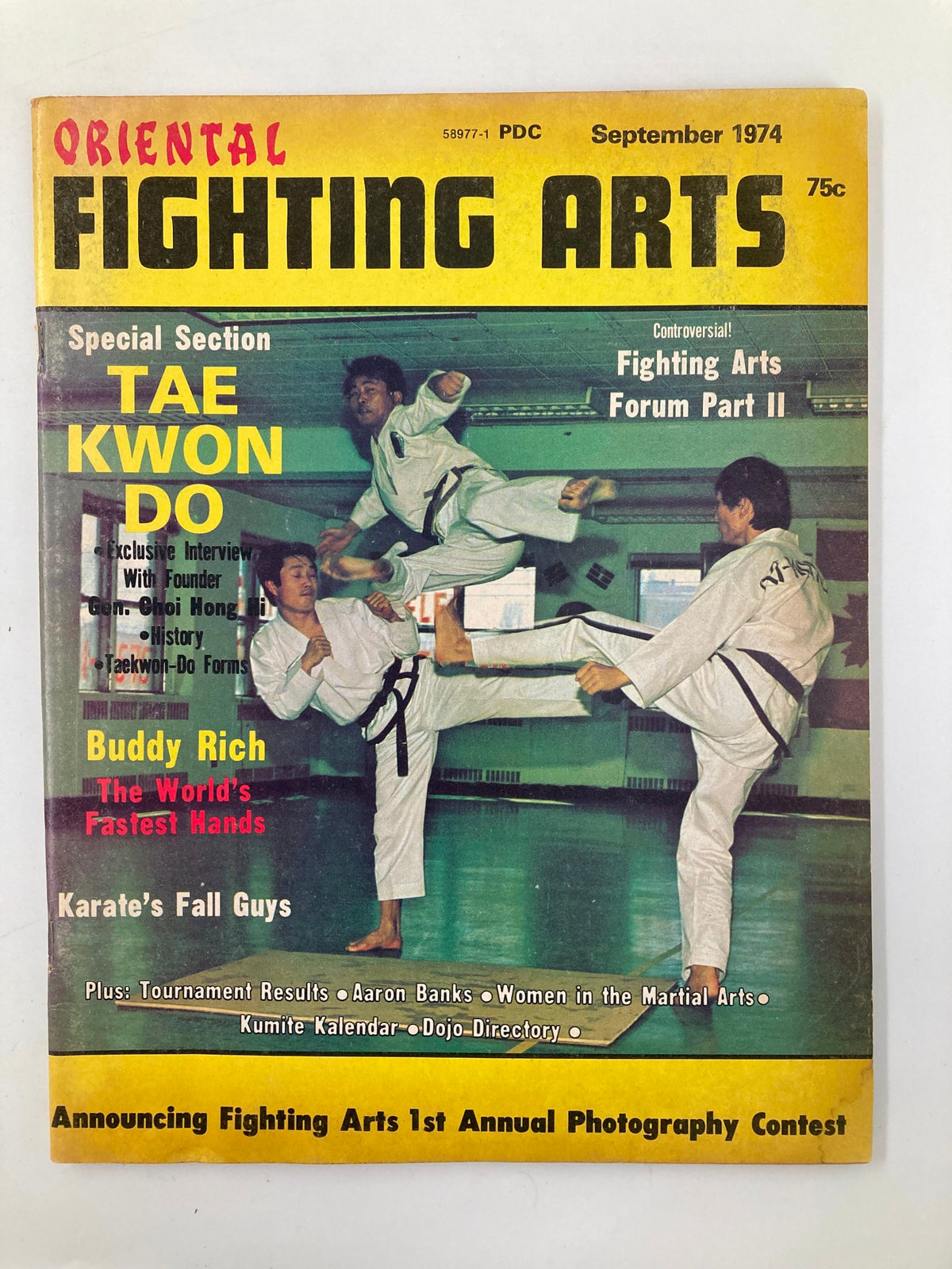 Cover of VTG Oriental Fighting Arts Magazine September 1974 featuring Taekwondo, an exclusive interview with Gen. Choi Hong Hi, and articles on martial arts techniques.