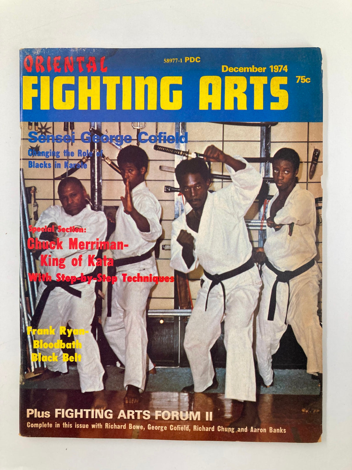 Cover of VTG Oriental Fighting Arts Magazine December 1974 featuring martial artist Chuck Merriman and Sensei George Cofield, showcasing step-by-step techniques and discussions on martial arts.