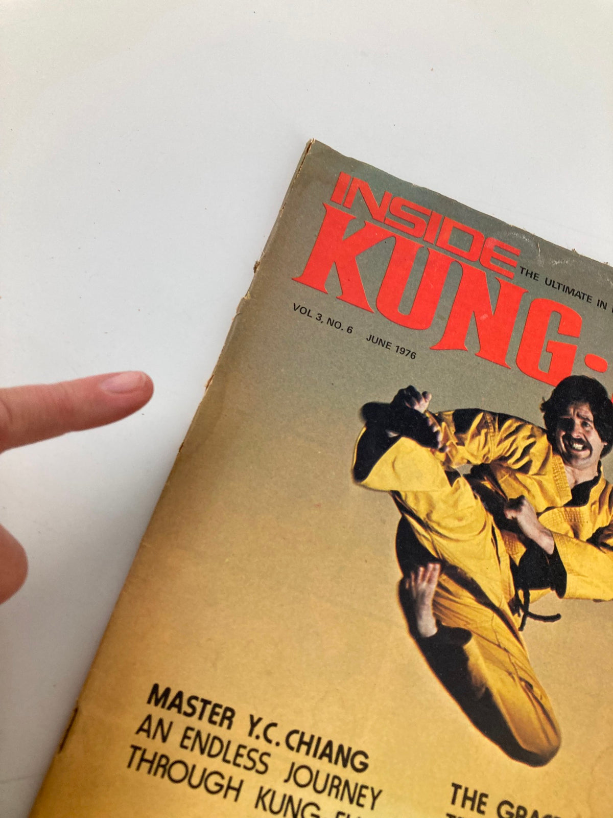 Close-up of the cover of the June 1976 Inside Kung-Fu magazine, showing the title 'Endless Journey' and Master Y.C. Chiang in a strikingly active martial arts position.