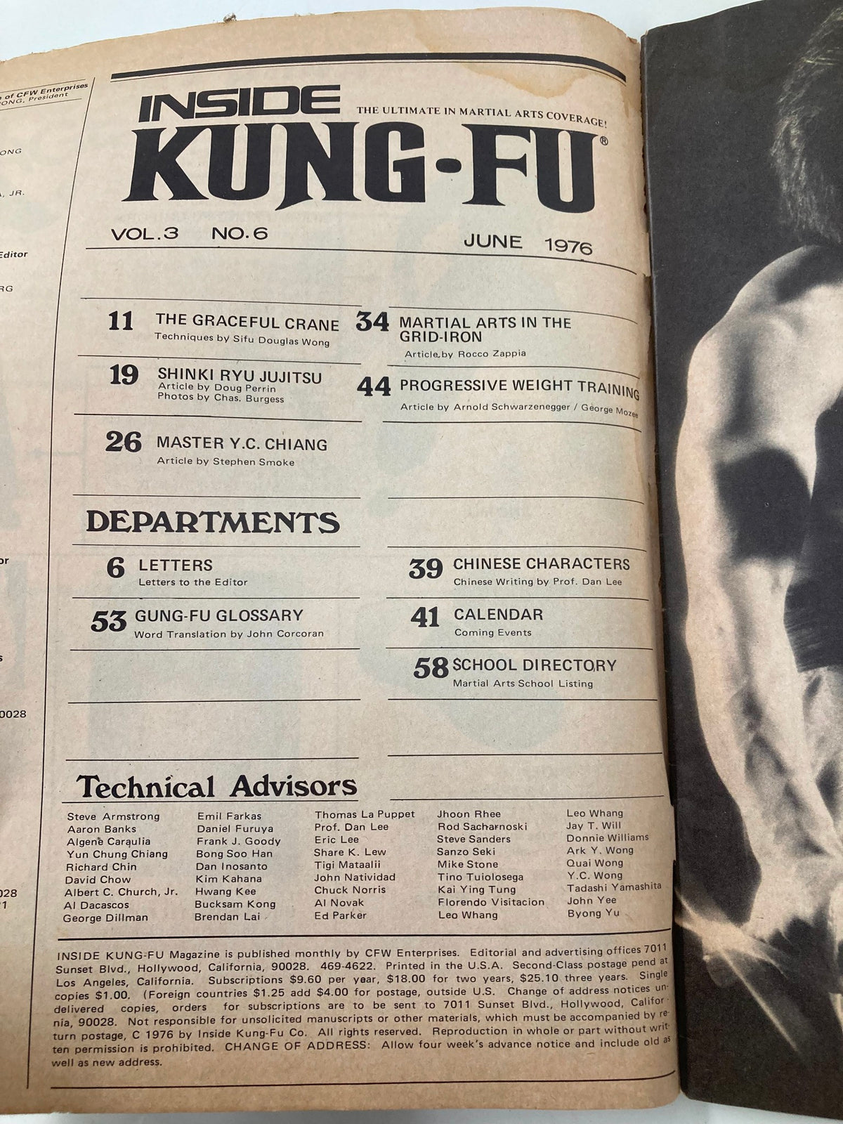 Inside page of the June 1976 Inside Kung-Fu magazine displaying the table of contents, featuring articles including 'The Graceful Crane' and 'Master Y.C. Chiang'.