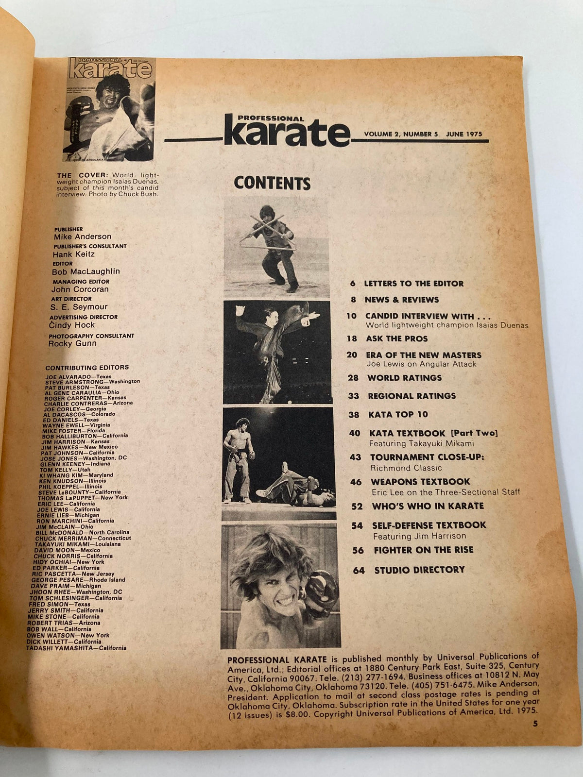 Contents page of Professional Karate Magazine June 1975, listing interesting articles and features, including a candid interview with Isaias Duenas.
