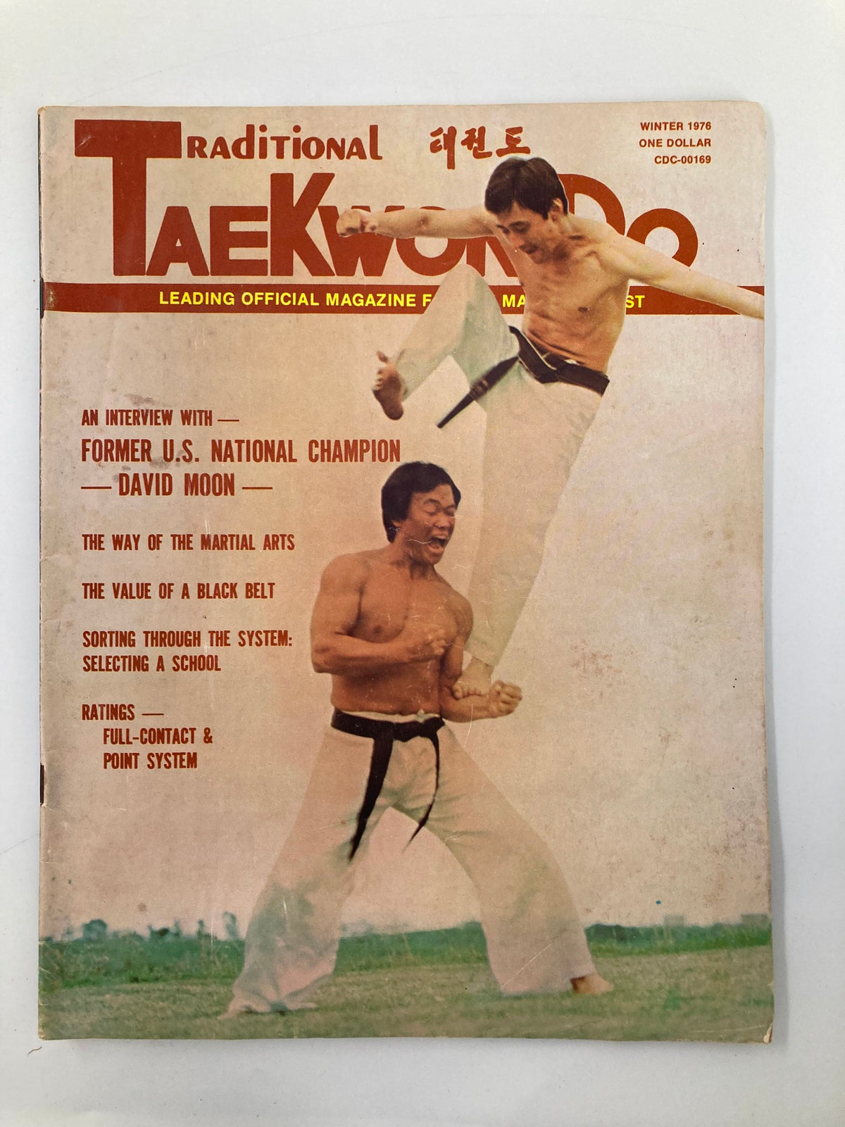 Vintage Traditional Taekwondo Magazine from Winter 1976 featuring an action cover illustration with David Moon, a former U.S. National Champion, demonstrating taekwondo moves. The magazine includes articles about taekwondo techniques and philosophy.
