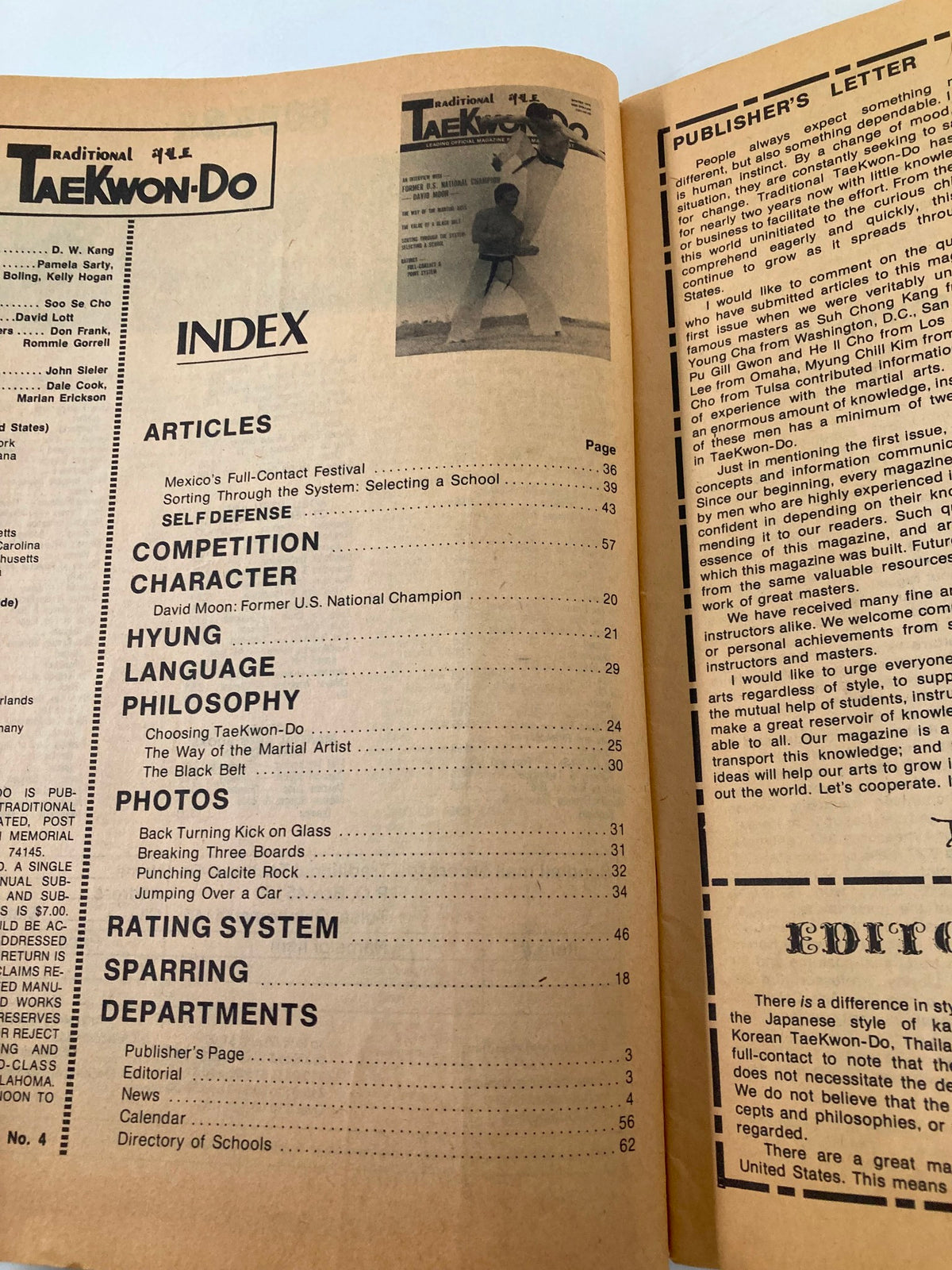 Interior page of the VTG Traditional Taekwondo Magazine Winter 1976 featuring an index of articles, including a spotlight on David Moon, the U.S. National Champion, along with various topics on Taekwondo training and philosophy.