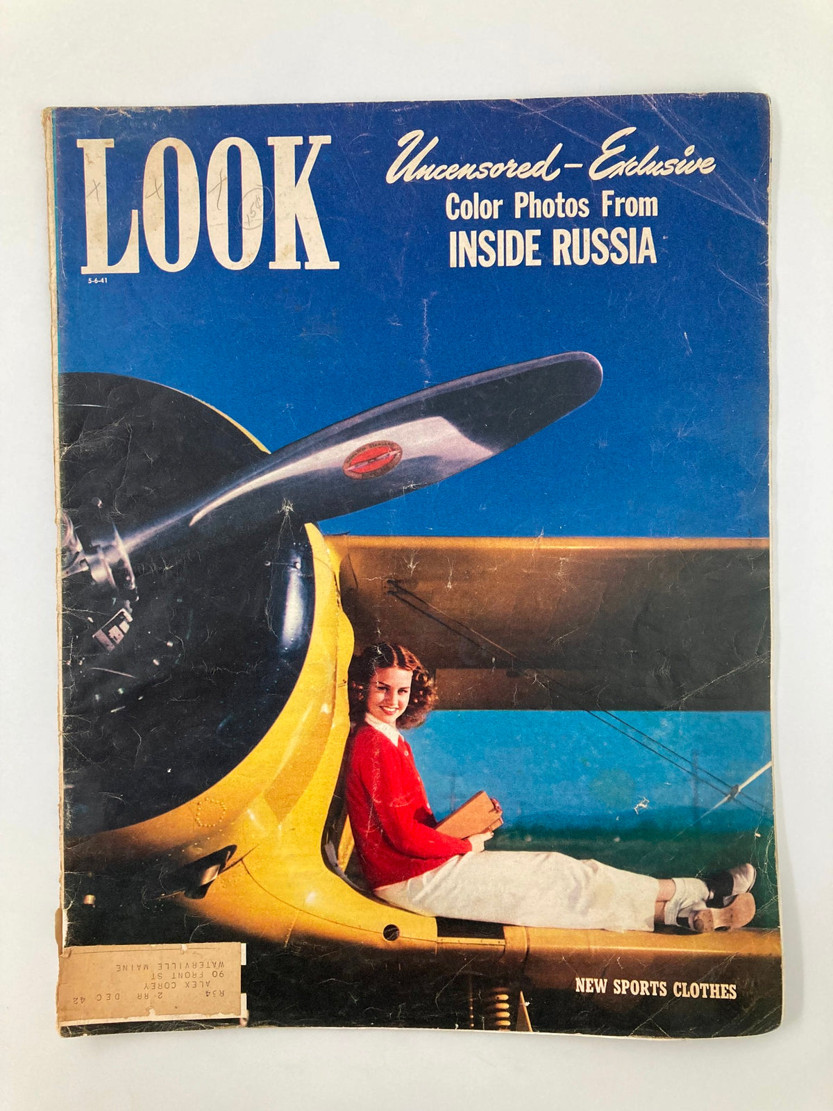 VTG Look Magazine May 6 1941 cover featuring Anita Sympson next to a Beechcraft Biplane with a striking blue background.