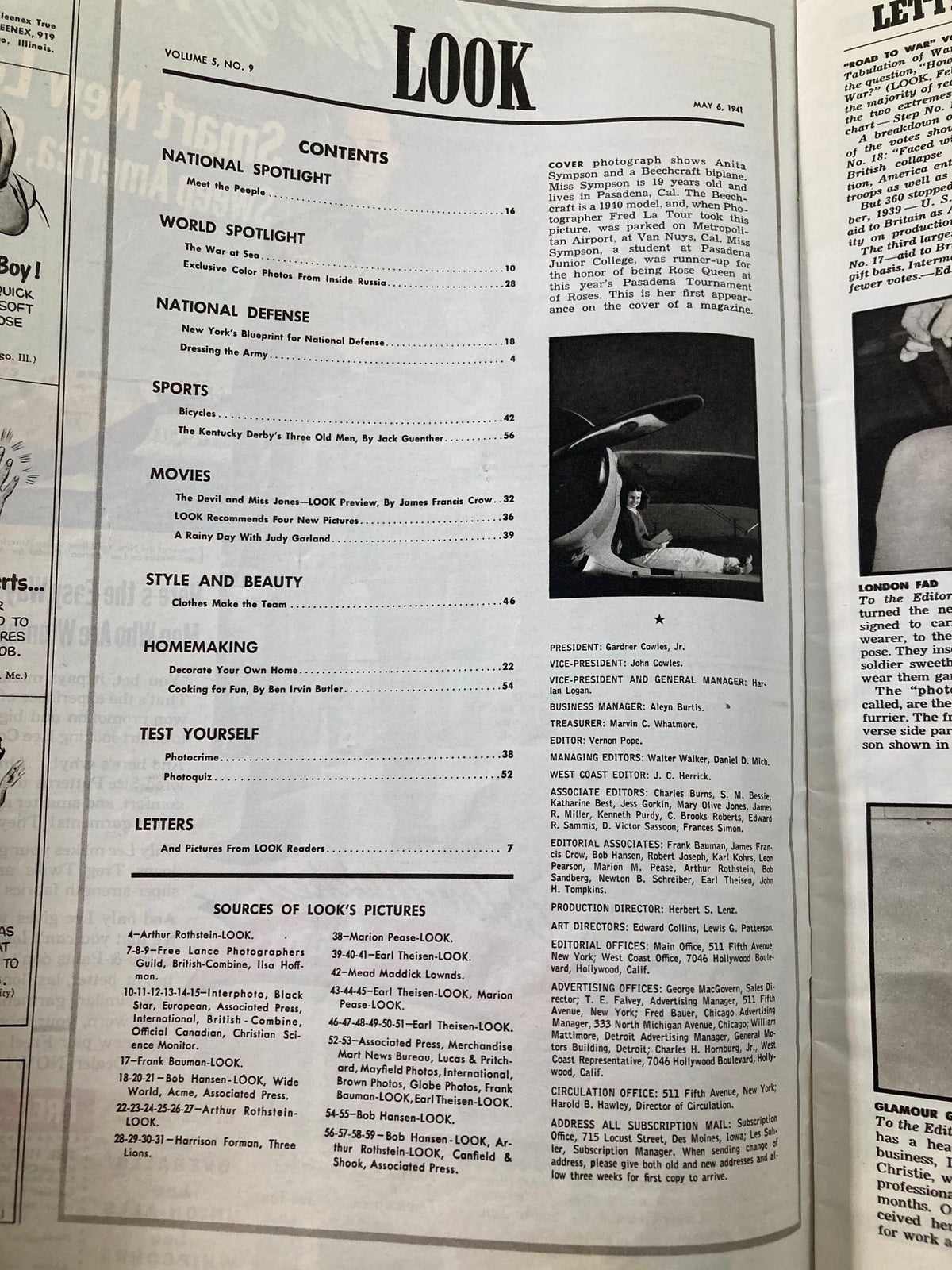 Table of contents from the VTG Look Magazine May 6 1941 highlighting articles and features, including a cover story on Anita Sympson.