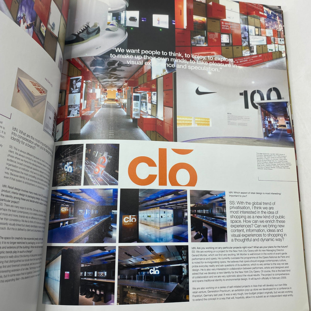 Interior page of IdN Magazine 2008/2009 Vol 15 No. 6 featuring an interview about retail design strategy, highlighting a striking display with Nike branding and modern visual merchandising techniques.