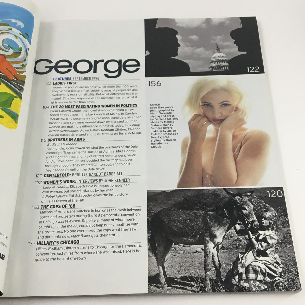 Inside page of George Magazine September 1996 featuring Drew Barrymore and Colin Powell, highlighting articles on politics and pop culture.