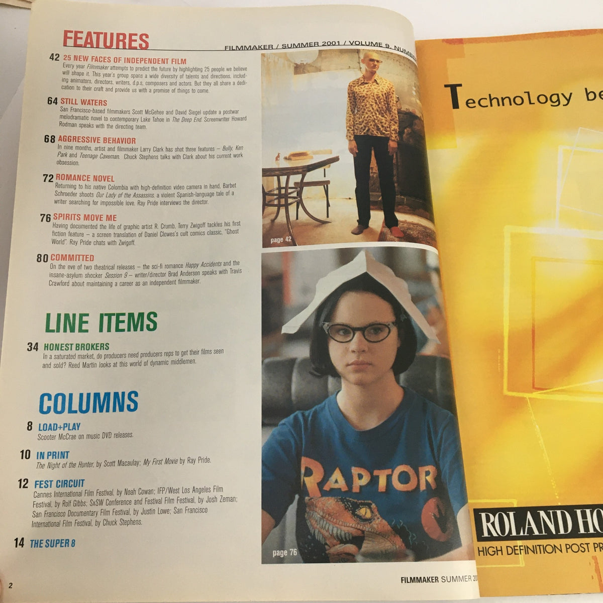 Interior page of Filmmaker Magazine Summer 2001 showcasing features and articles on independent film, including film industry trends and a column by Terry Zwigoff.