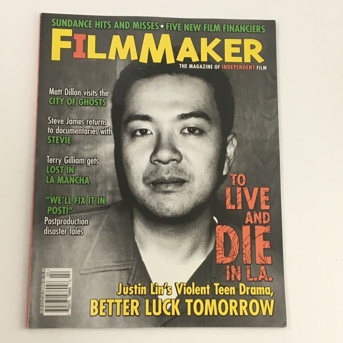 Cover of Filmmaker Magazine Winter 2003 featuring director Justin Lin, highlighting the theme of violent teen drama with the title 'To Live and Die in L.A.' and articles related to indie film.