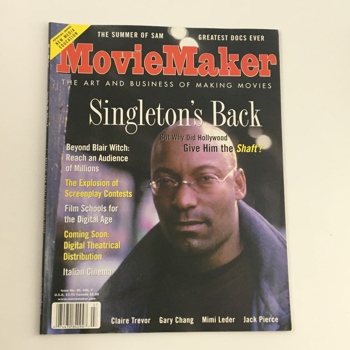 Cover of Movie Maker Magazine June 2000 featuring John Singleton, titled 'Singleton's Back.' The cover includes articles about film education, screenplay contests, and digital age film schools, with notable mentions of Claire Trevor and others.