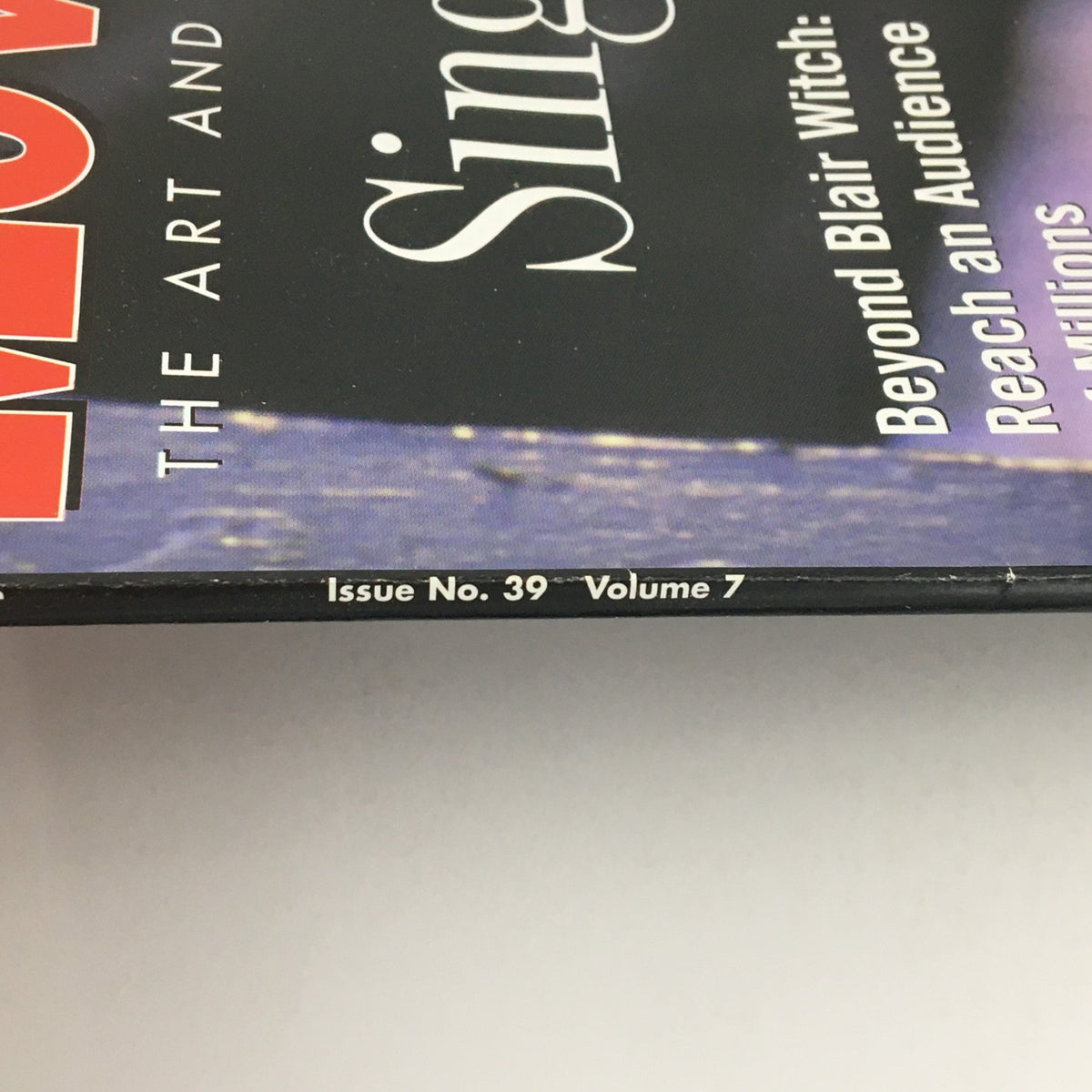 Close-up of the spine and issue details of Movie Maker Magazine, June 2000, featuring John Singleton and Claire Trevor, highlighting 'Issue No. 39' and 'Volume 7'.