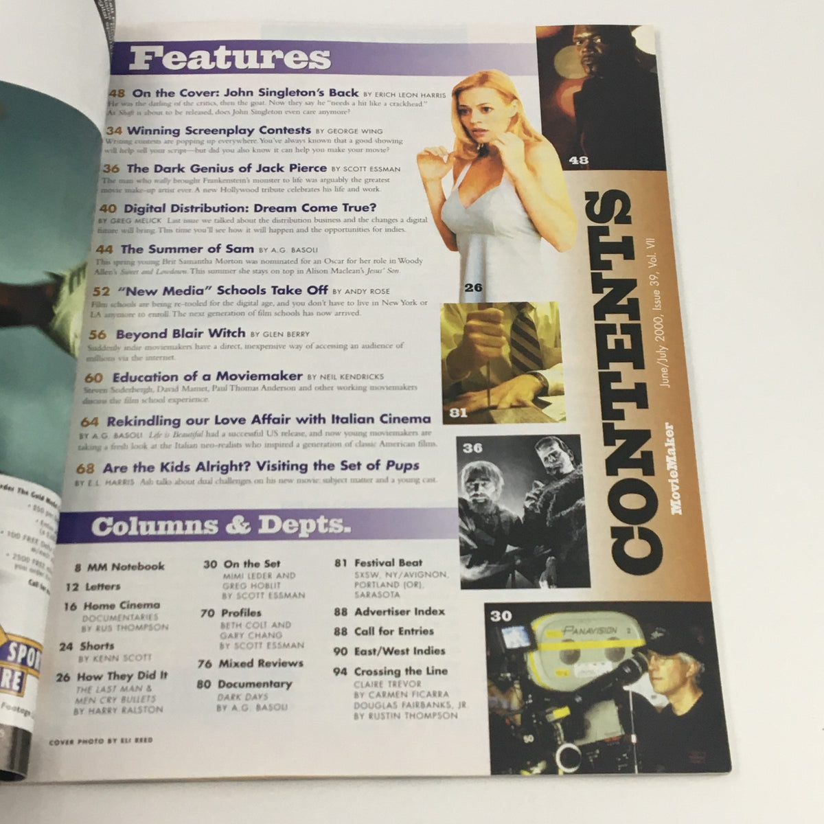 Contents page of Movie Maker Magazine, June 2000, listing features including John Singleton, film education, and various columns, showcasing the magazine's insights into the filmmaking process.