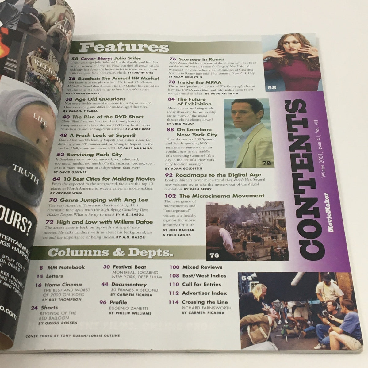 Contents page of Movie Maker Magazine Winter 2001, featuring segments on Julia Stiles, insights into filmmaking, and highlights from the early 2000s film industry.