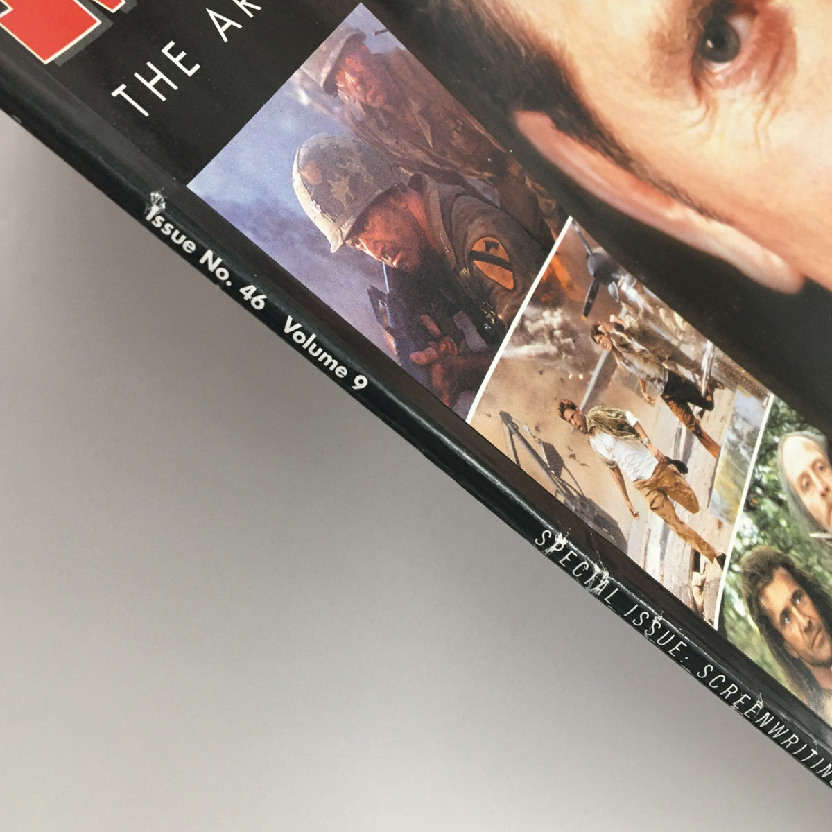 Close-up of the spine of Movie Maker Magazine Spring 2002, detailing its issue number and volume, highlighting Randall Wallace's contributions to cinema.