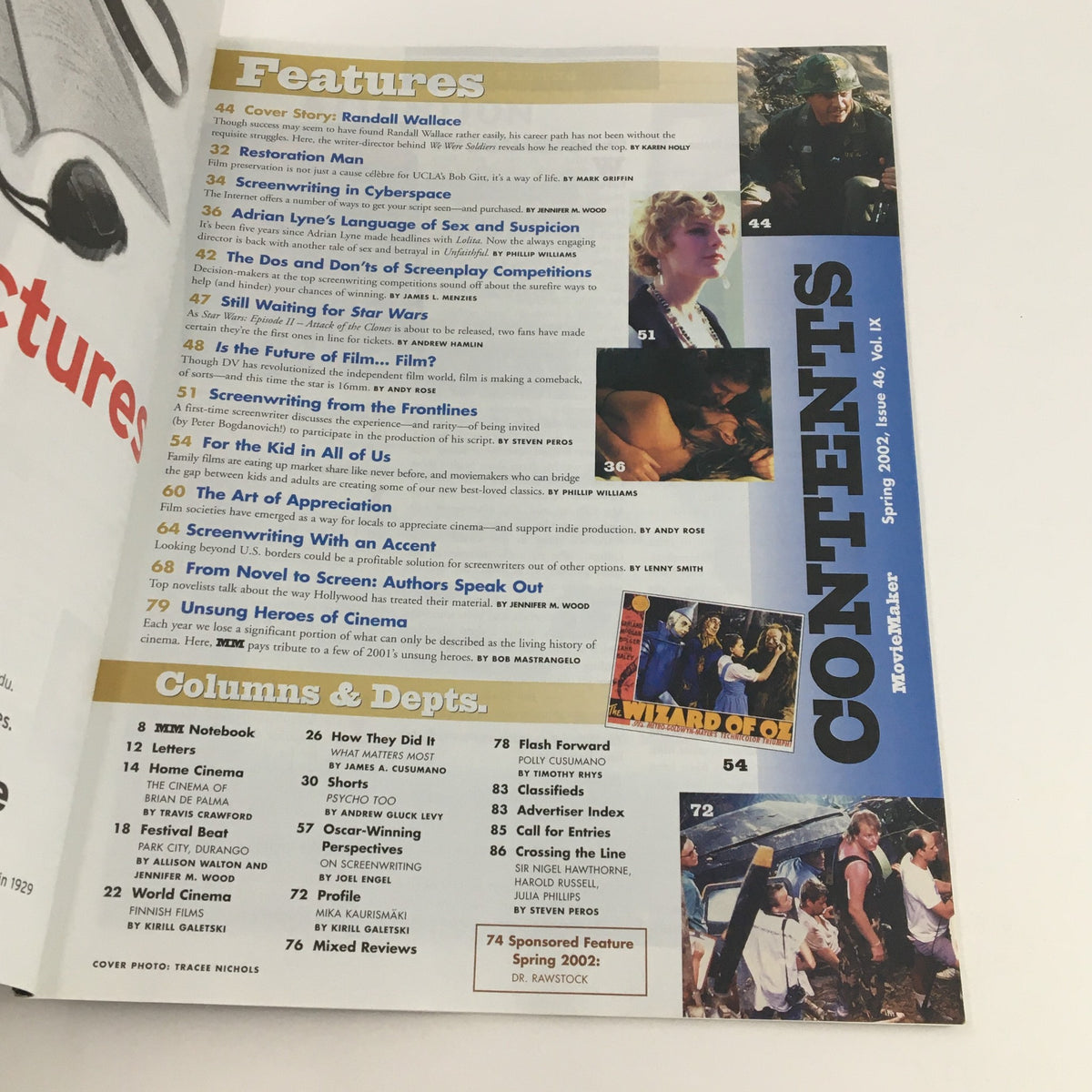 Contents page of Movie Maker Magazine Spring 2002 featuring segments on Randall Wallace and Kirsten Dunst, highlighting interviews, upcoming films, and features on the film industry.