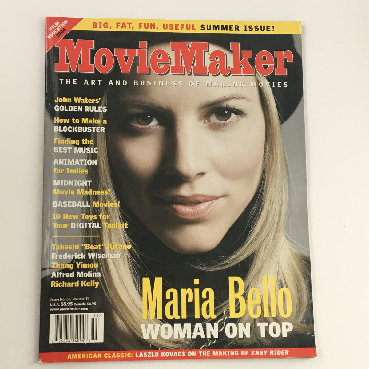 Cover of Movie Maker Magazine Summer 2004 featuring Maria Bello titled 'Woman on Top', showcasing the film industry highlights.