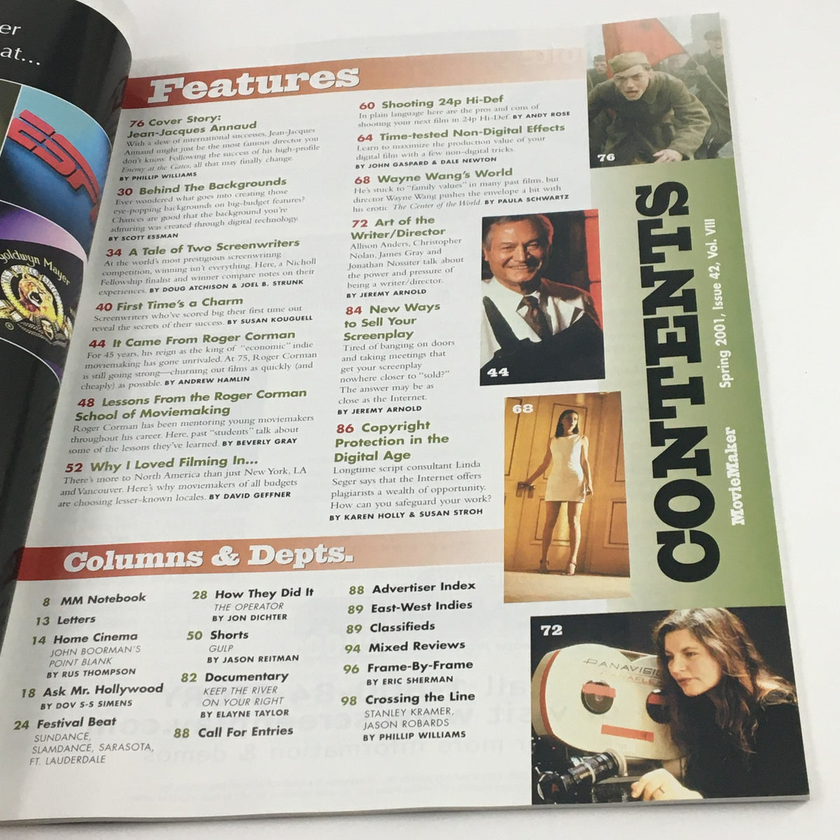 Contents page of Movie Maker Magazine Spring 2001 featuring Jean-Jacques Annaud and Wayne Wang; highlights articles on digital effects, screenplay writing, and other filmmaking topics.