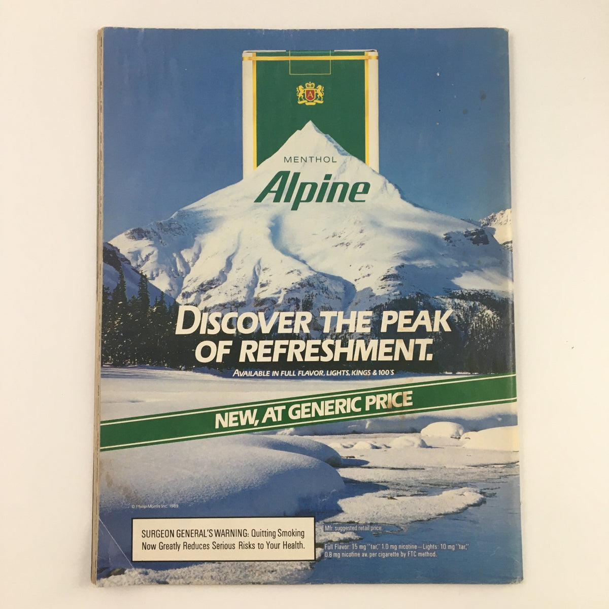 Back cover of People Weekly Magazine from March 27, 1989 featuring an advertisement for Menthol Alpine cigarettes, emphasizing the product and health warnings related to smoking.