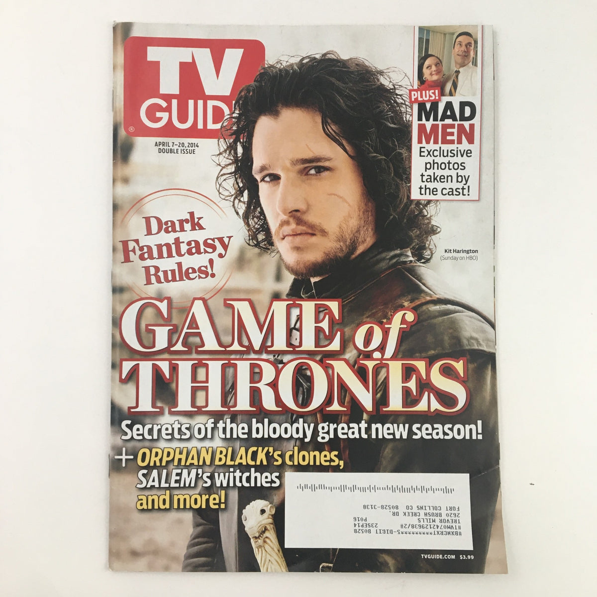 TV Guide Magazine cover from April 7, 2014 featuring Kit Harington from Game of Thrones, highlighting dark fantasy themes and including a section on Mad Men.