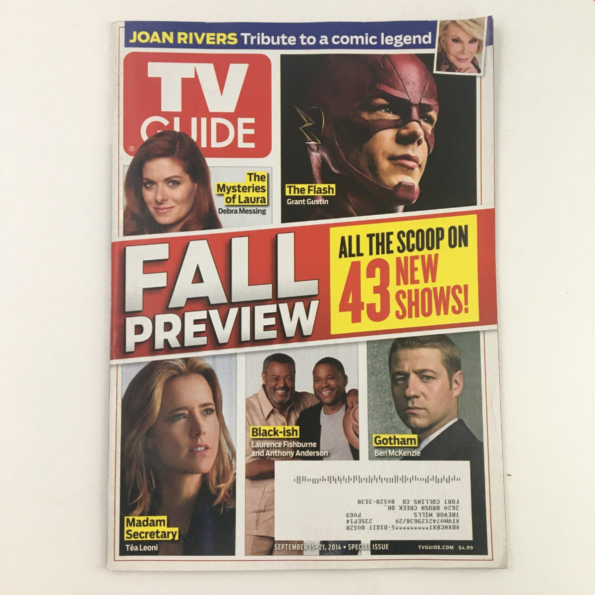 Cover of TV Guide Magazine September 15 2014 featuring Tea Leoni from Madam Secretary, Debra Messing from The Mysteries of Laura, Grant Gustin from The Flash, and a Fall Preview of 43 new shows.