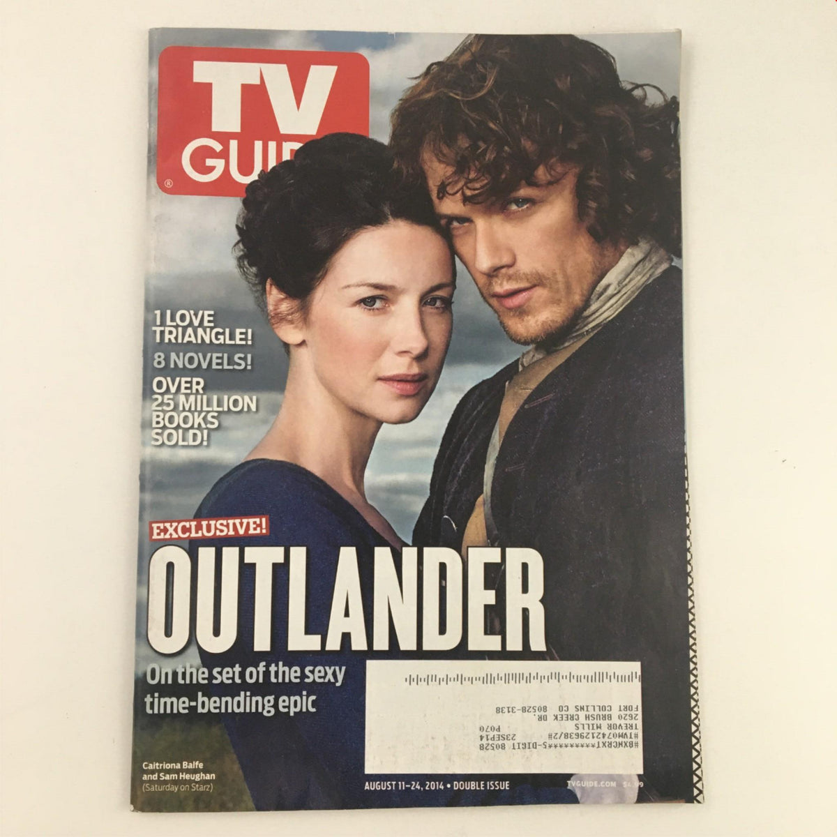 TV Guide Magazine featuring Caitrona Balfe and Sam Heughan on the cover, dated August 11, 2014. Highlights the series Outlander with an exclusive article, showing the lead characters from the popular Starz show.