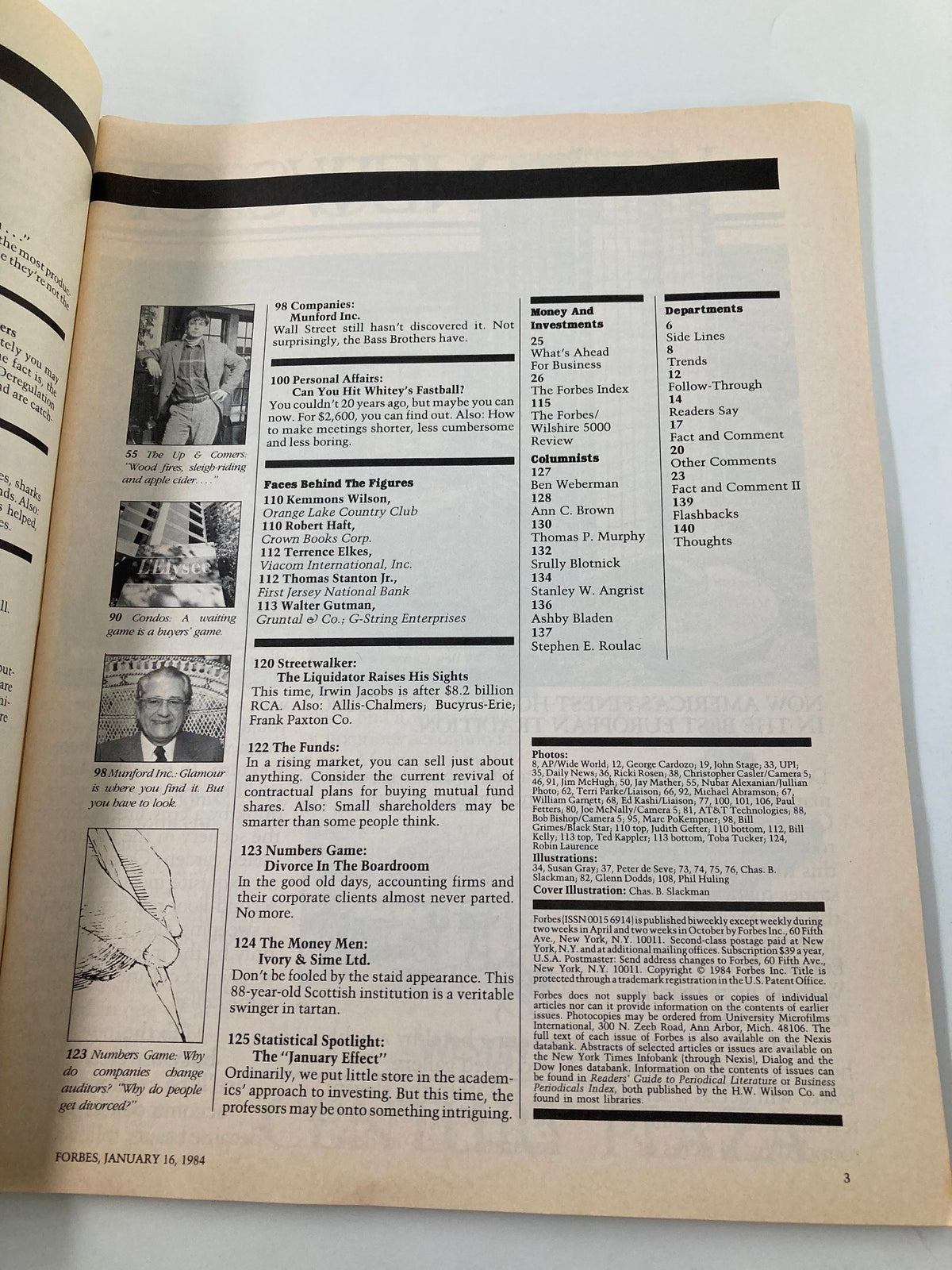 Forbes Magazine January 16, 1984 showcasing insights on investment strategies and economic trends, highlighting key companies and financial analyses.
