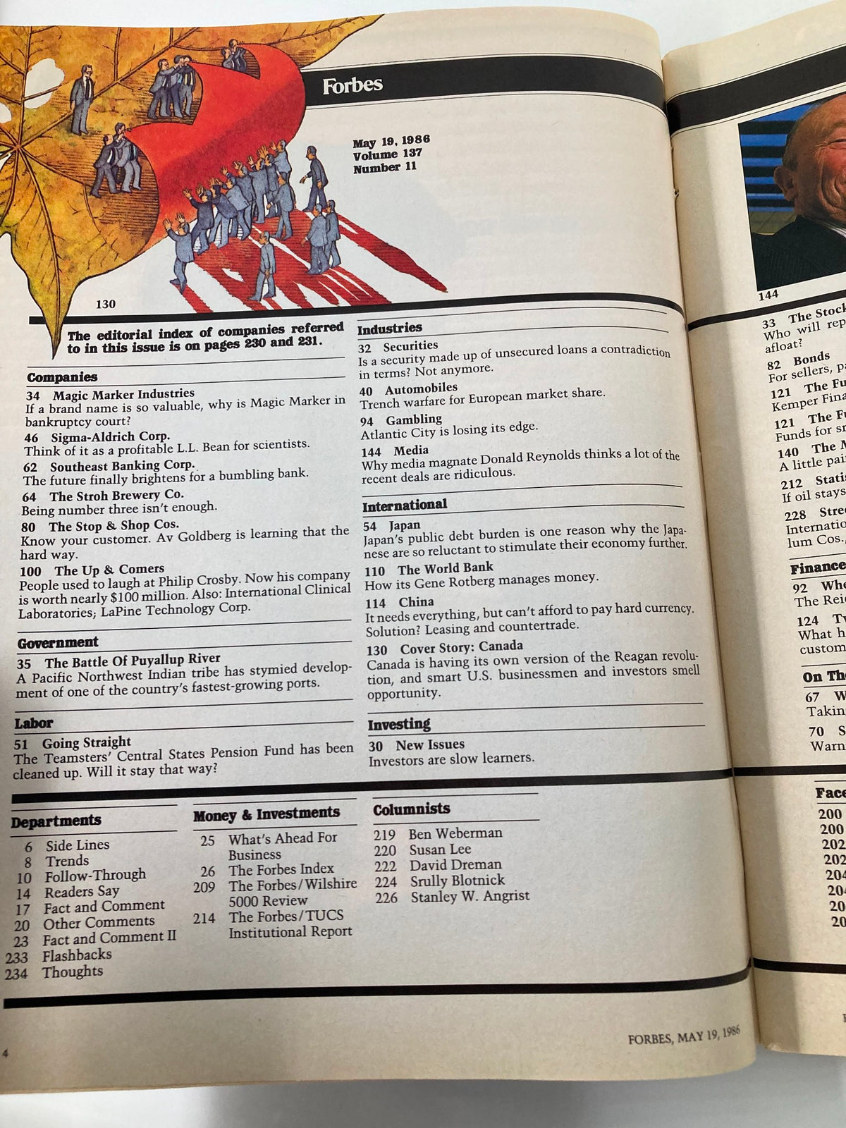 Interior page of Forbes Magazine from May 19, 1986, showcasing the editorial index and articles highlighting Canada's business future.