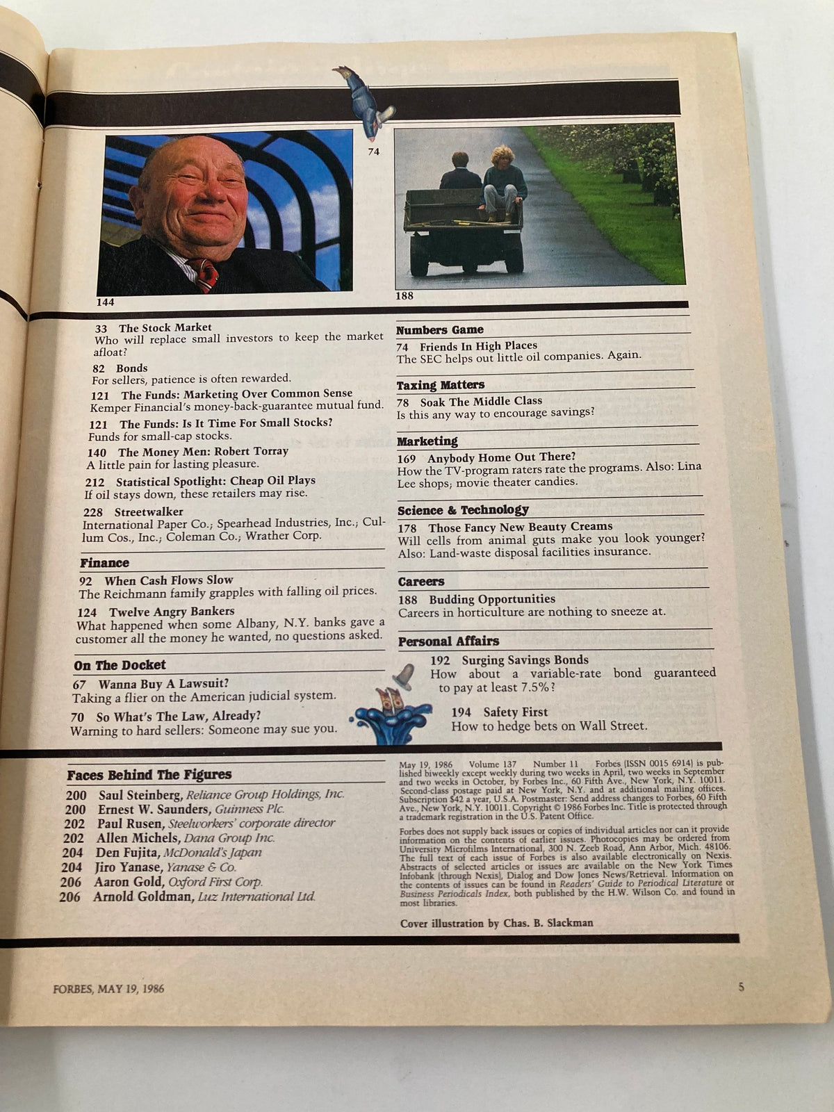 Another interior page of Forbes Magazine dated May 19, 1986, displaying articles covering various economic topics and profiles of notable individuals.