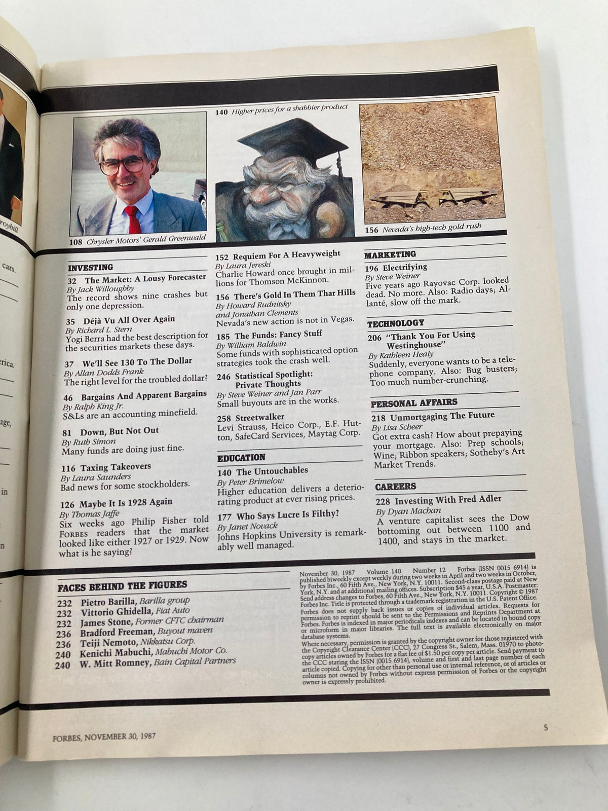 Another interior page from Forbes Magazine, November 30, 1987, listing additional articles and columns, highlighting discussions on investment strategies, economic predictions, and industry insights.