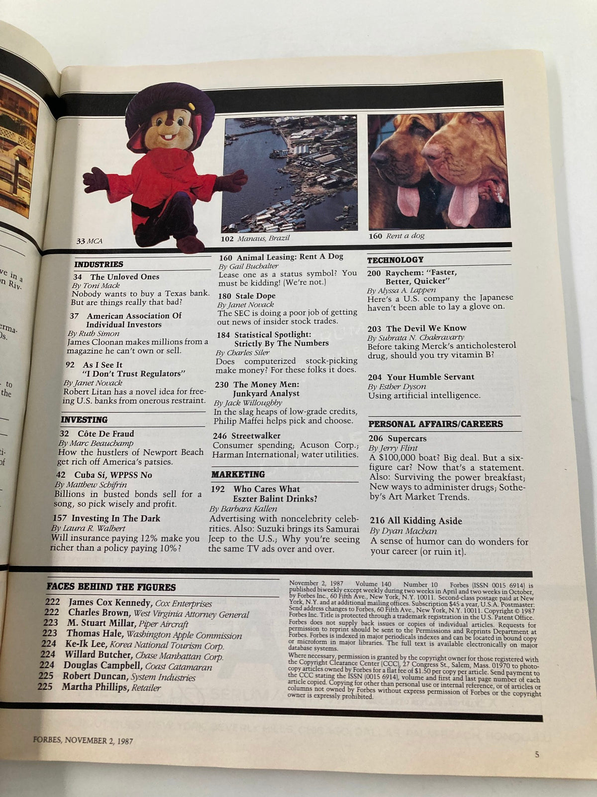 Page from VTG Forbes Magazine, November 2, 1987, detailing various articles including industry insights relevant to the luxury market. Title: 'Boat Lust: Who's Cashing In?'.