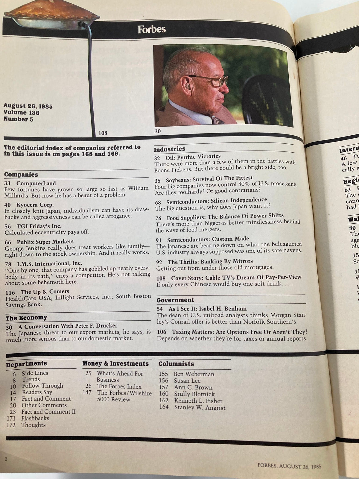 Interior page of VTG Forbes Magazine, August 26, 1985, displaying the editorial index and notable articles, including 'Cable TV's Dream of Pay-Per-View'.