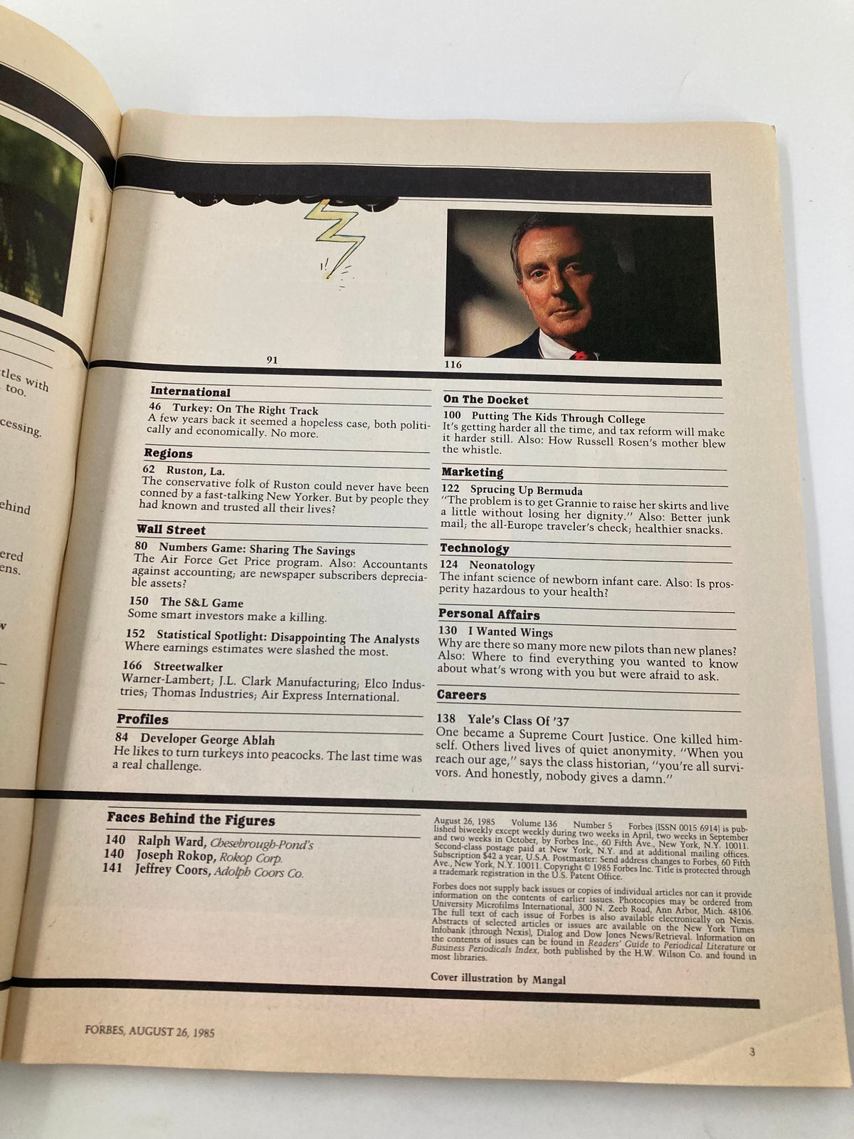 Another interior page of VTG Forbes Magazine, August 26, 1985, featuring sections on international news and marketing, highlighting key contributors.