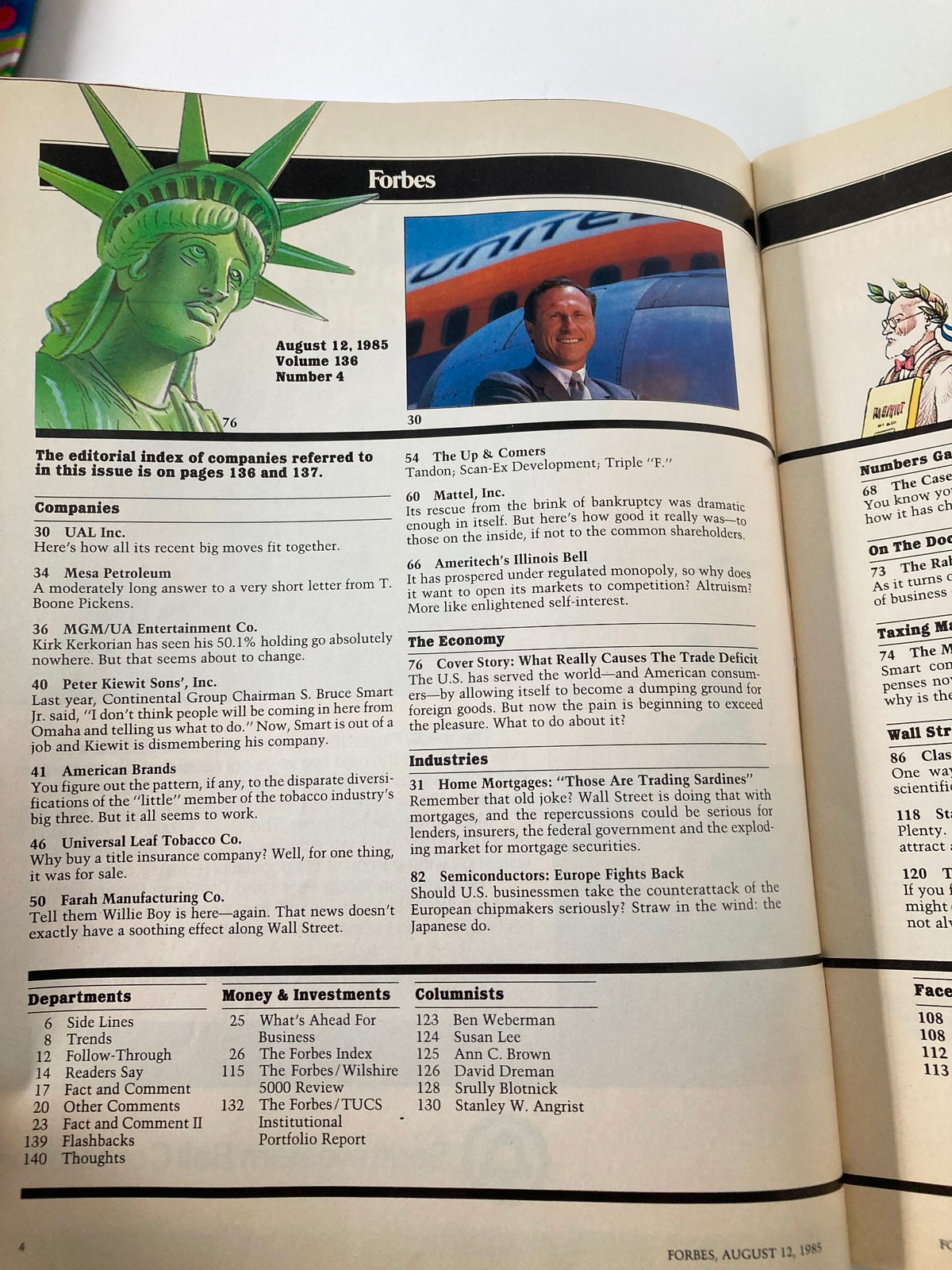 Inside page of Forbes Magazine, August 12, 1985, displaying the editorial index and notable articles, including insights on economic policies and trade deficits relevant to the era.