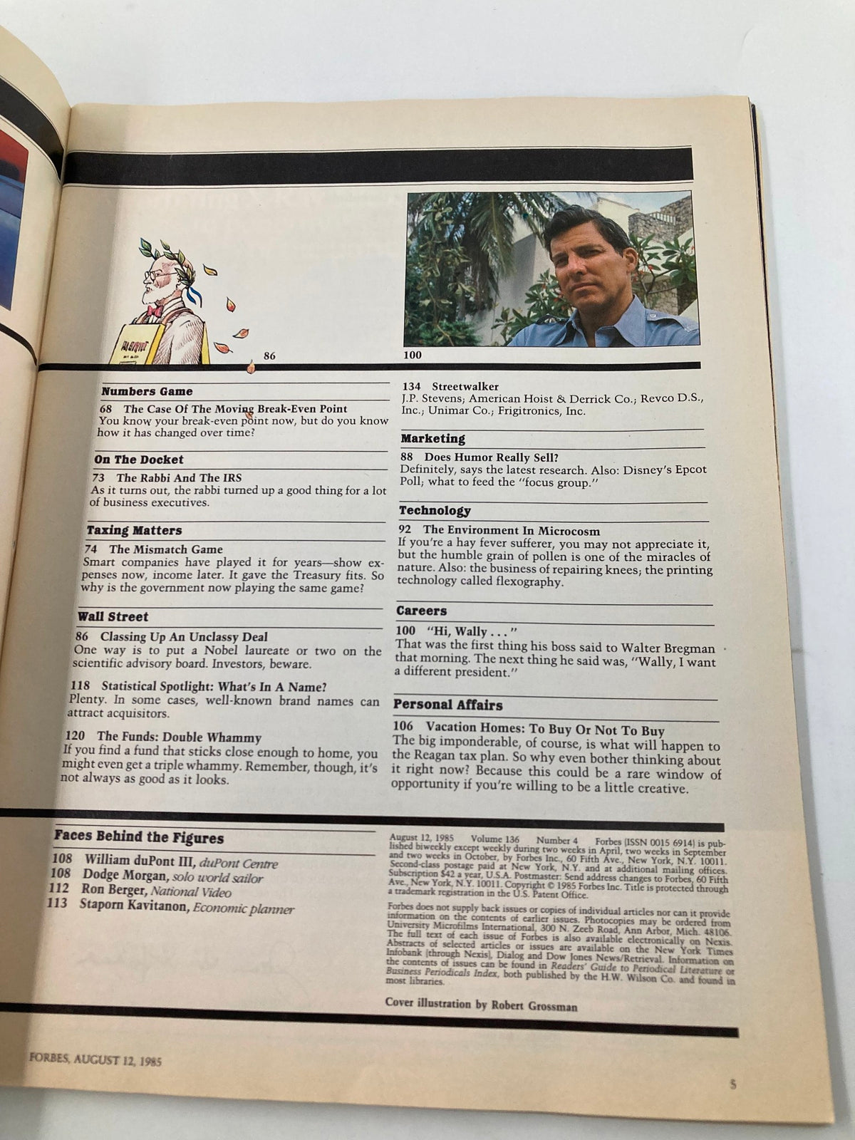 Inside page of Forbes Magazine August 12 1985 featuring various articles and topics such as Numbers Game, Marketing, Taxing Matters, and Personal Affairs, capturing the economic discussions of the era.