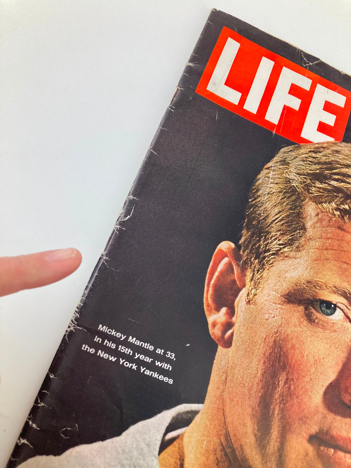 Close-up view of the Life Magazine cover from July 30, 1965, featuring Mickey Mantle at 33, highlighting his struggles in his 15th year with the New York Yankees.