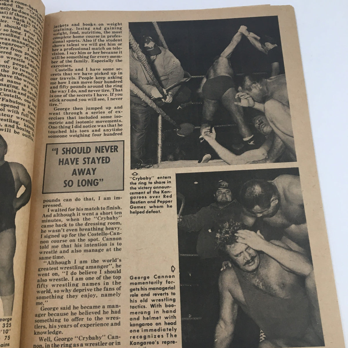 Wrestling Monthly Magazine November 1974 capturing a wrestling match scene with ‘Crybaby’ entering the ring to celebrate victory, illustrating the drama of professional wrestling.