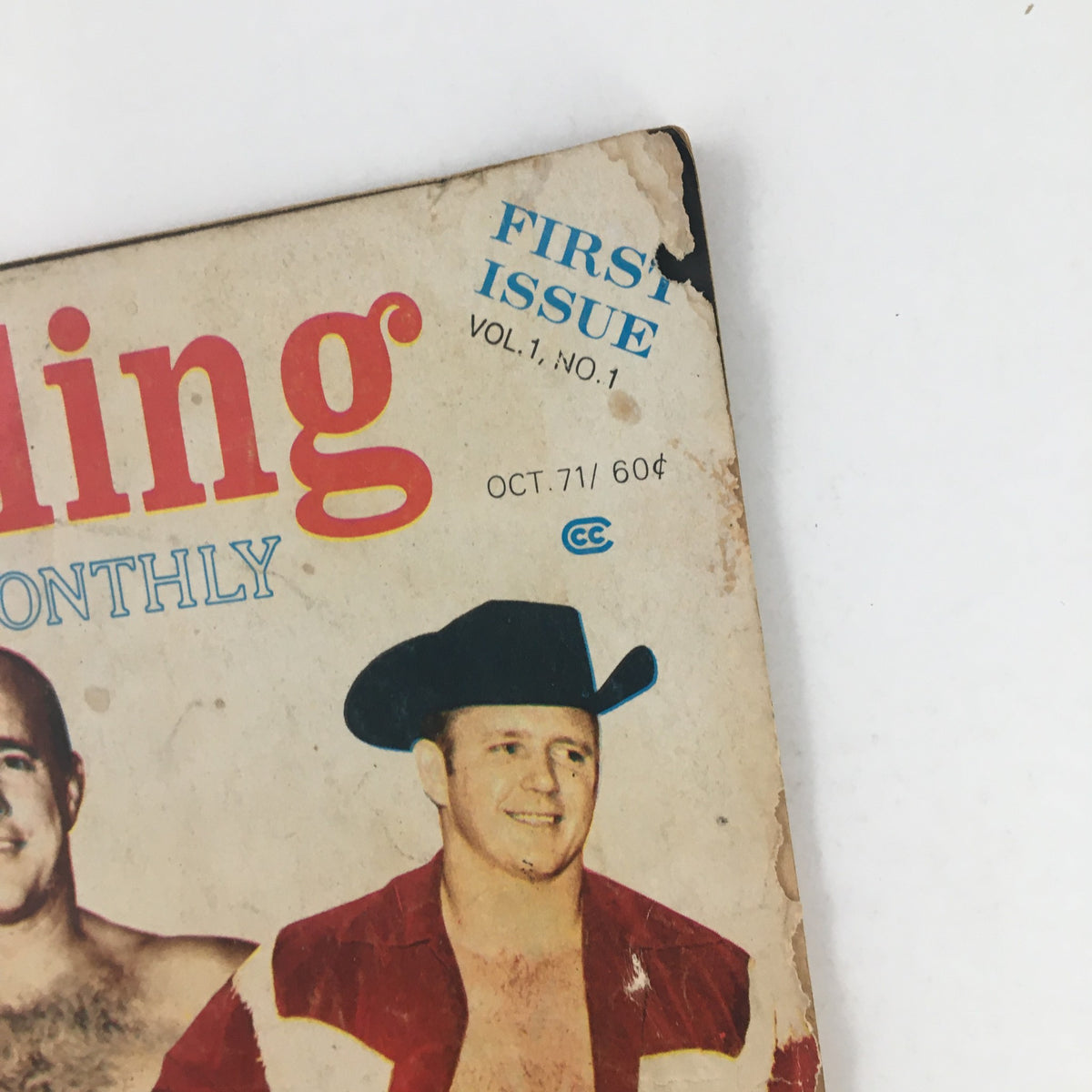 Cover of Wrestling Monthly Magazine October 1971 featuring Fred Blassie and Ronnie Etchison, marked as First Issue, with notable wear.