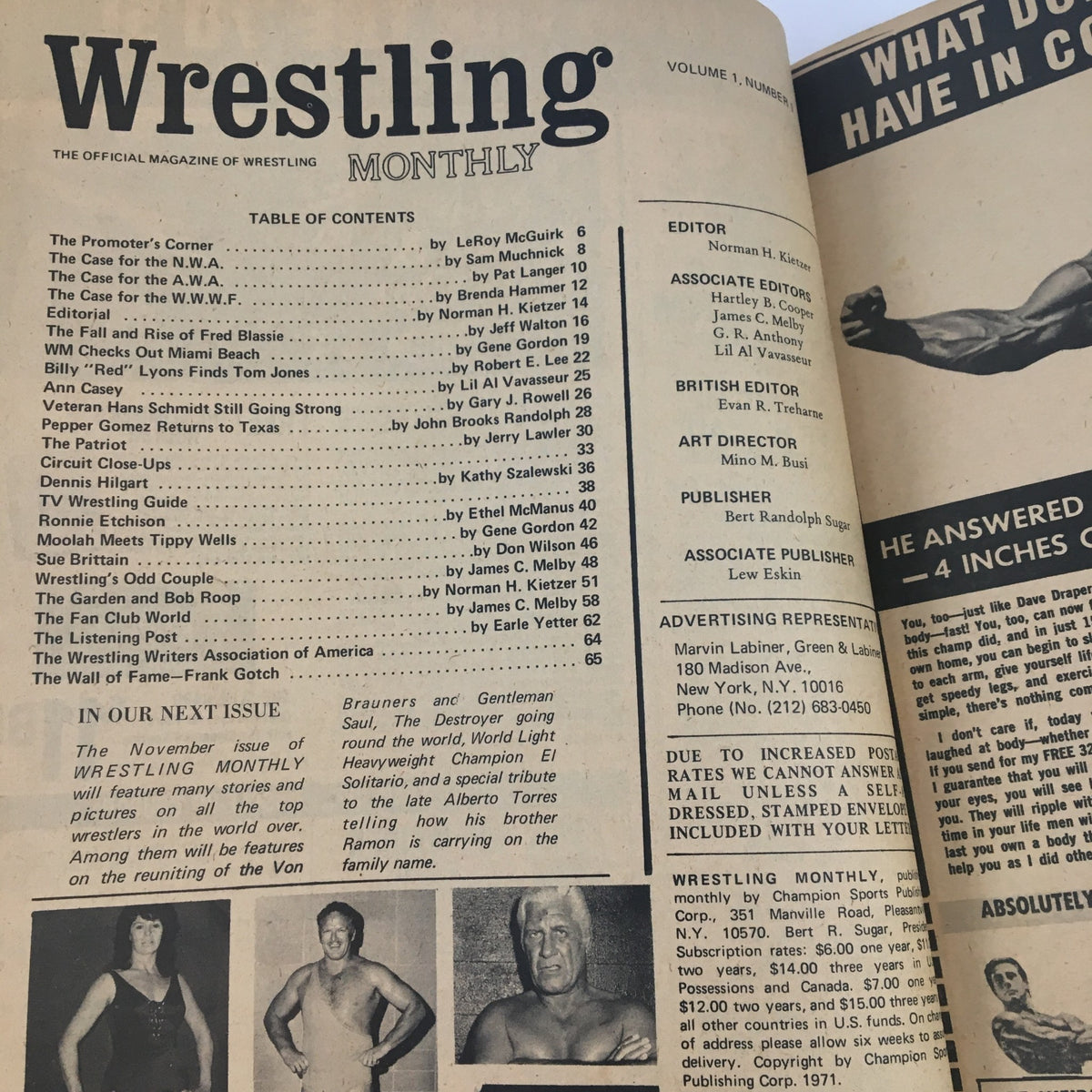 Table of contents page from Wrestling Monthly Magazine October 1971, outlining featured articles and contributors in the inaugural issue.
