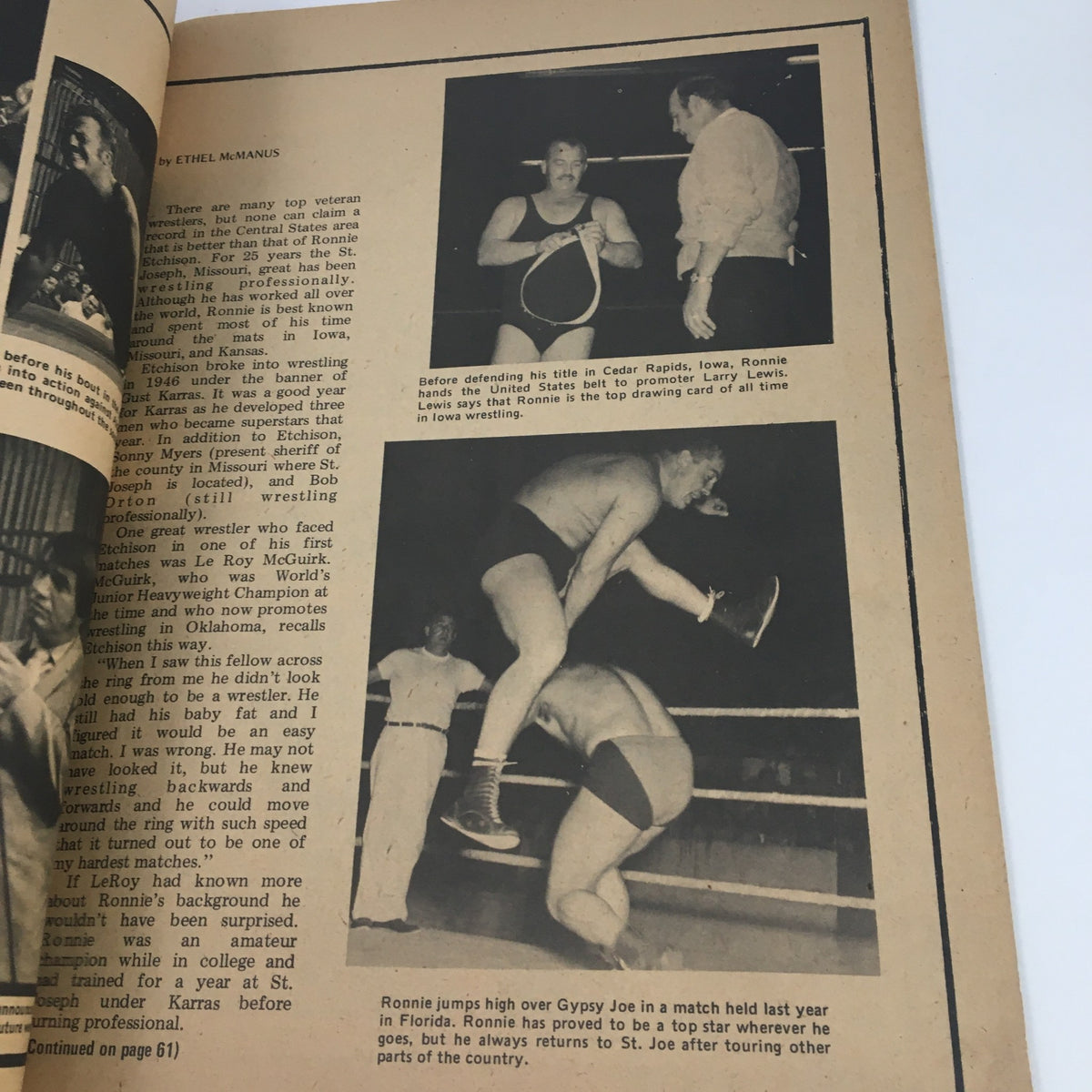 Wrestling Monthly Magazine October 1971 detailing Ronnie Etchison's wrestling career, featuring images of him in action and discussions of his titles and legacy in wrestling.