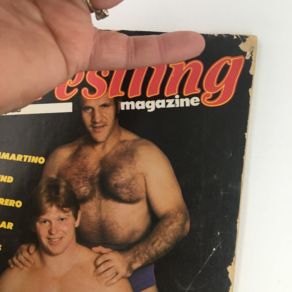 Close-up of The Ring's Wrestling Magazine April 1980 cover showing Bruno Sammartino and Bob Backlund with visible wear.