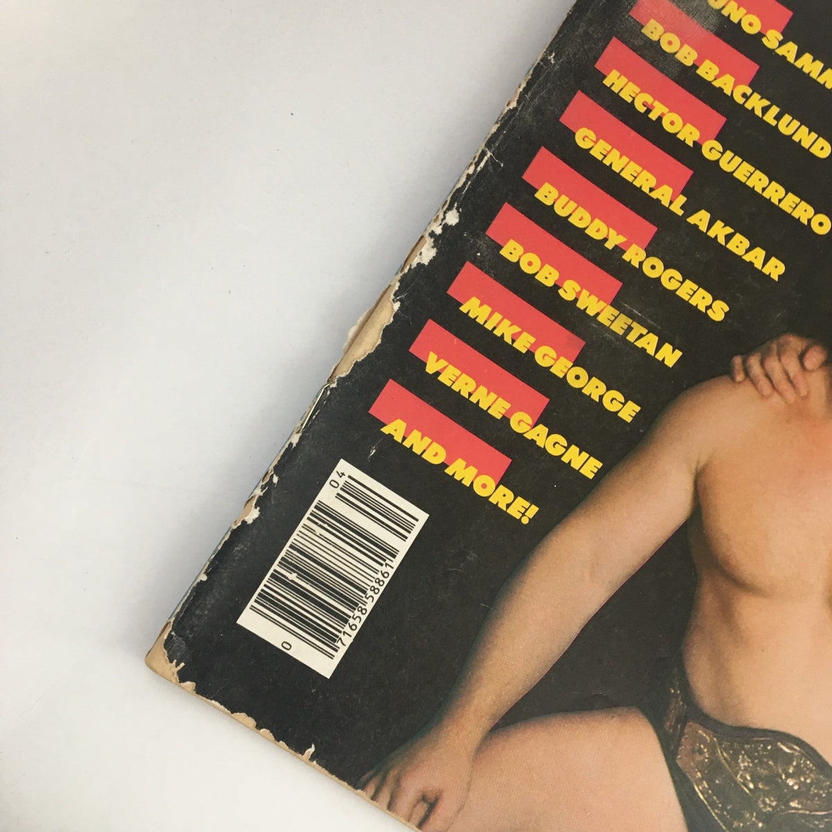 Side view of The Ring's Wrestling Magazine April 1980 displaying notable wrestlers' names including Bob Backlund and Bruno Sammartino.
